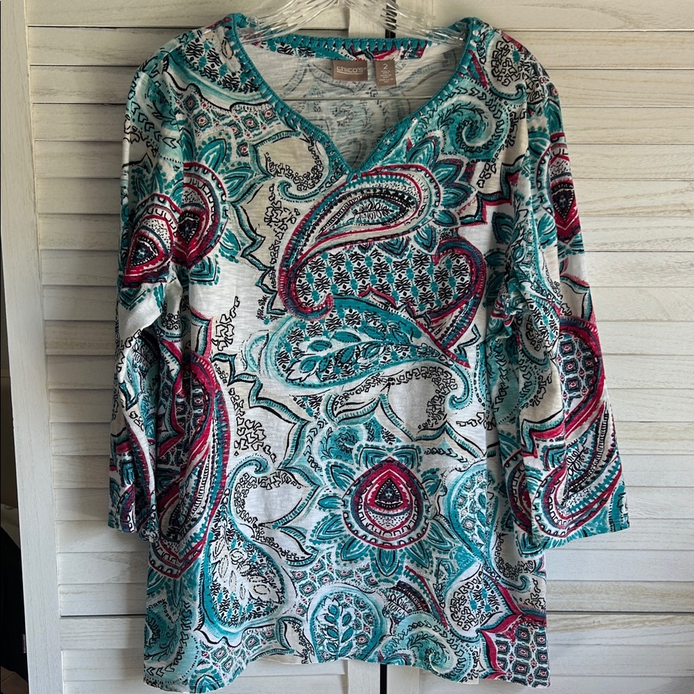 Chico's Teal and Red Paisley V-Neck Tunic